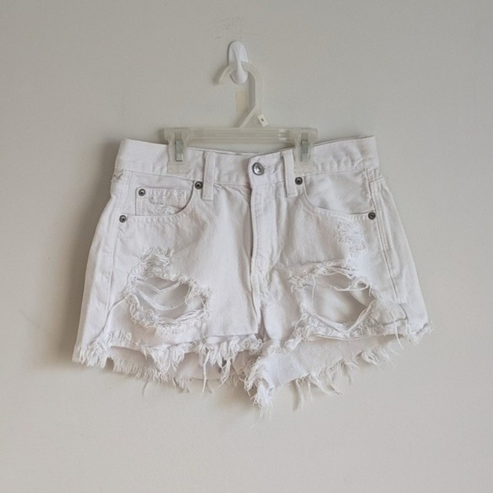 American Eagle White Distressed Hi Rise Festival Midi Shorts